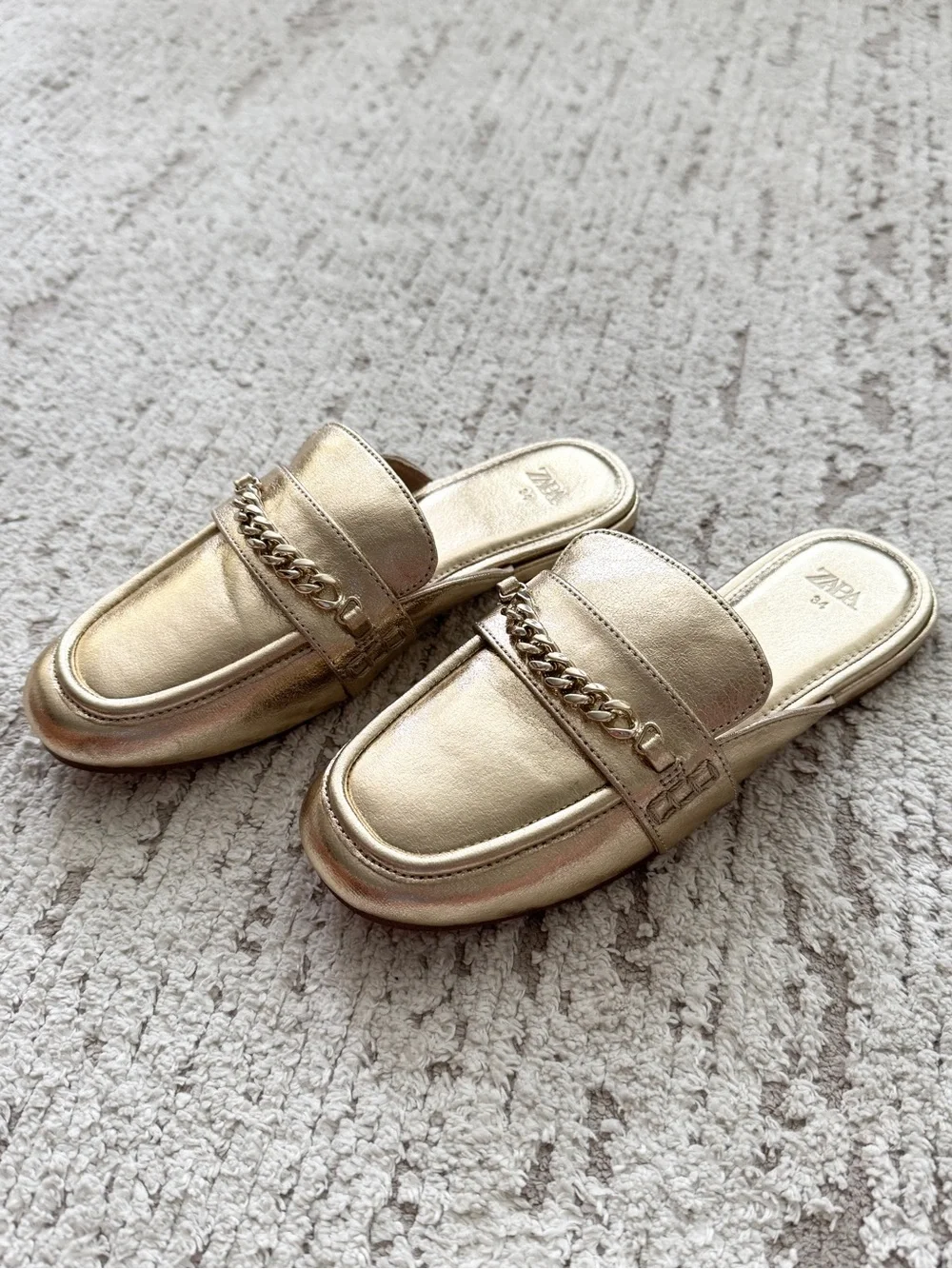 Zara Gold Metallic Chain-Accent Kids Slip-On Mule